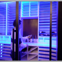 (3) This modern home wine cellar features two swinging doors framed in modern metal black steel.