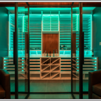 (11) Here's an example of another lighting setting for this modern home wine cellar -- green!